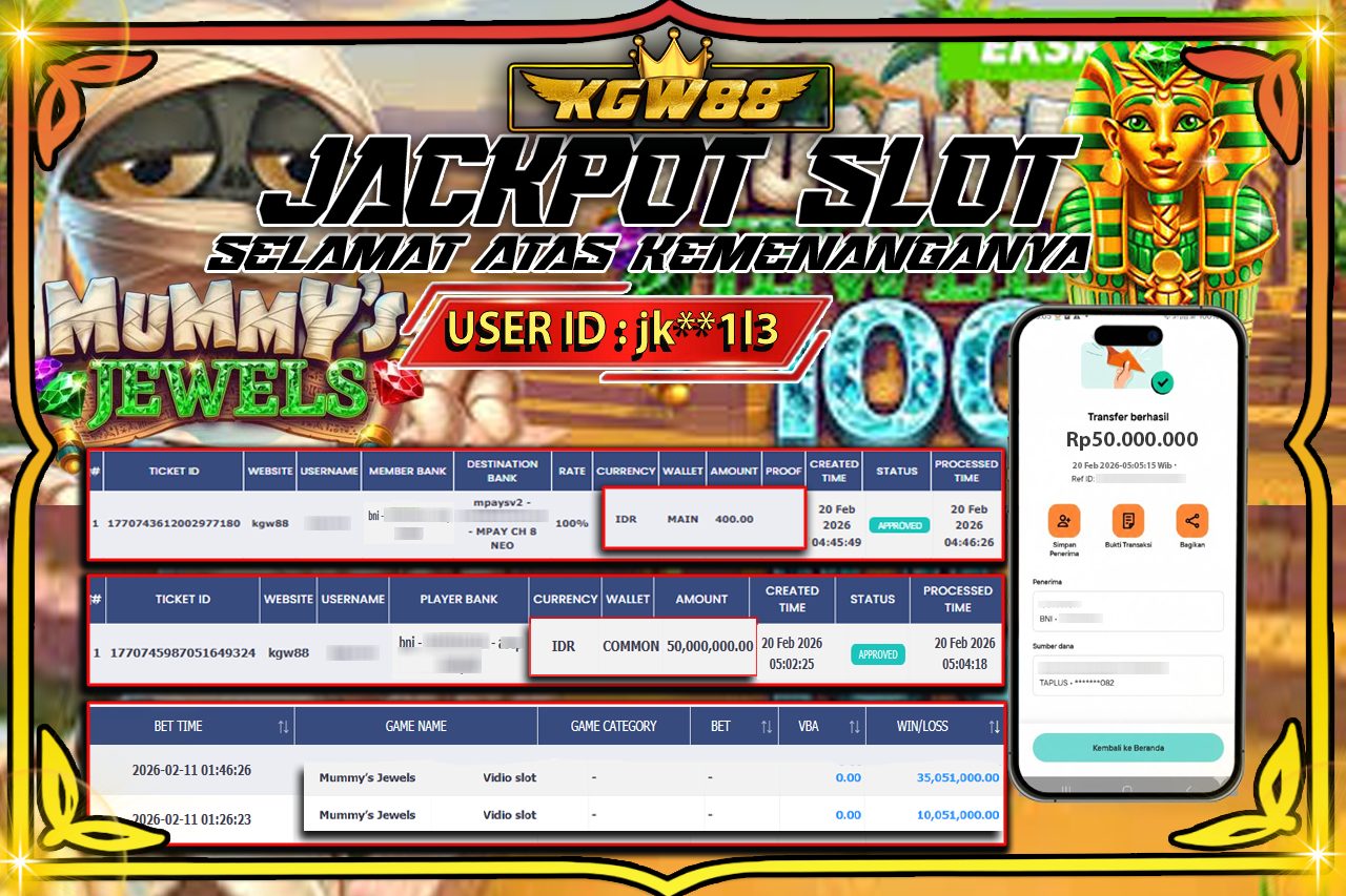 KGW88 JACKPOT  Mummy’s Jewels  Rp 50.000.000,- LUNAS